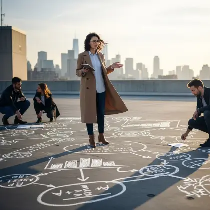 A businesswoman holds a clipboard featuring gears and icons, symbolizing women's vital role in innovation and technology.